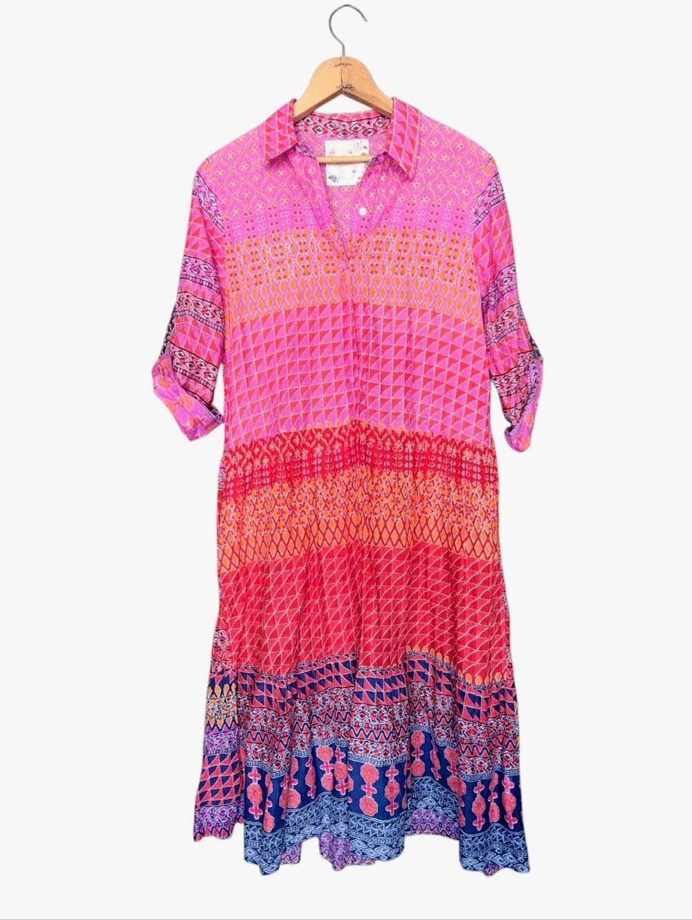 LulaLife Tiered Midi Dress Lightweight Pink Orange Abstract Print Women's SMALL